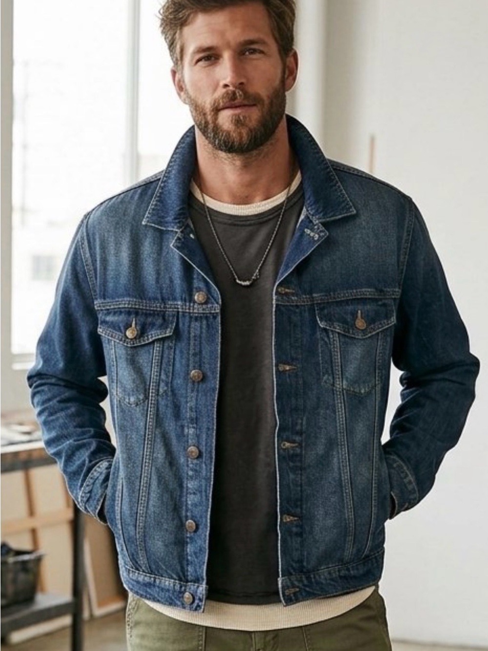We The Free free people Urban Men's Denim Blue trucker Jacket Sz L NWOT